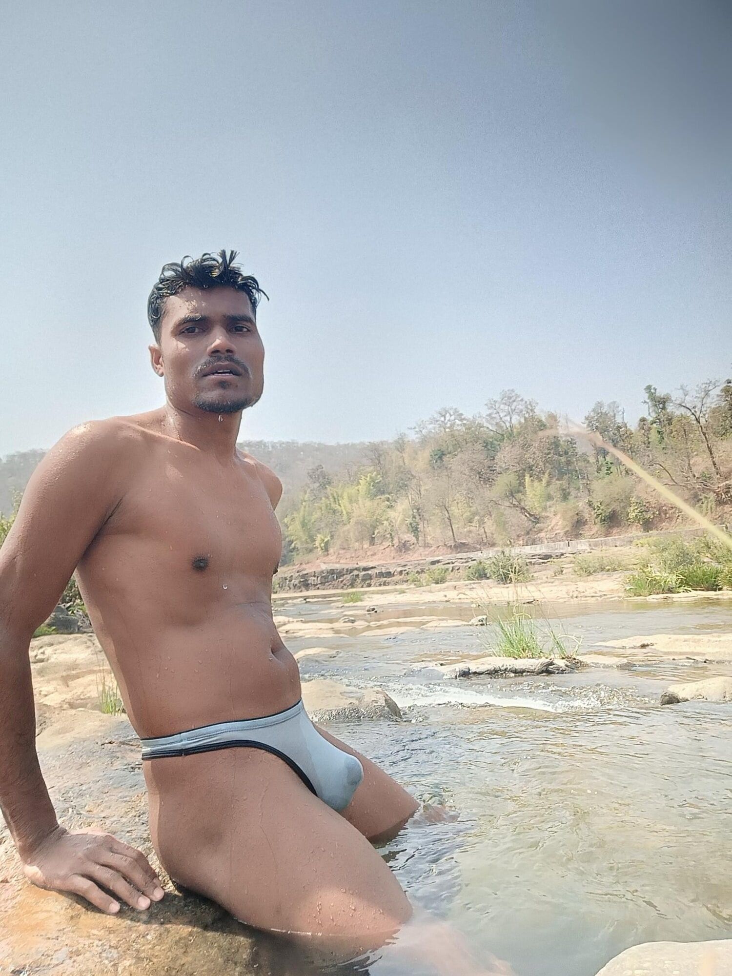 Hot muscular gym boy outdoor in river bathing enjoying swimm #9