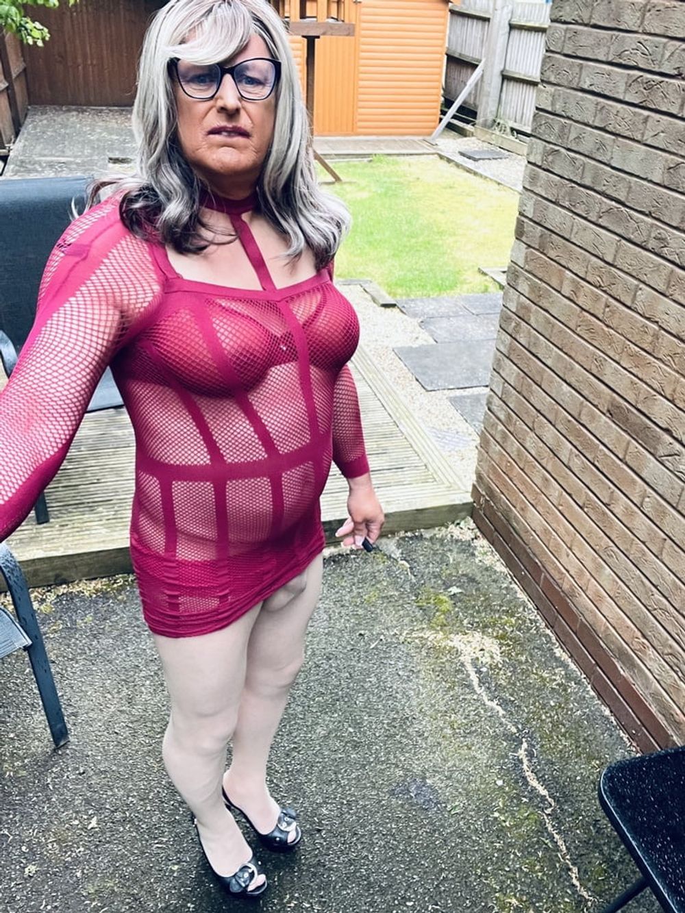 Crossdresser Kellycd in purple fishnet dress  #15