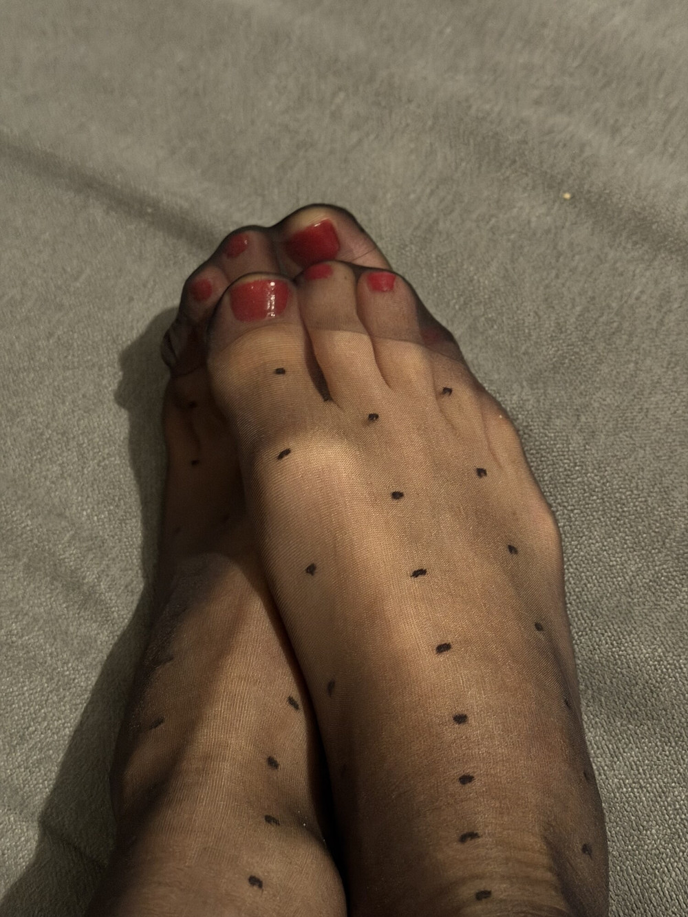 Black Polka dot nylon socks with bright red nails #5