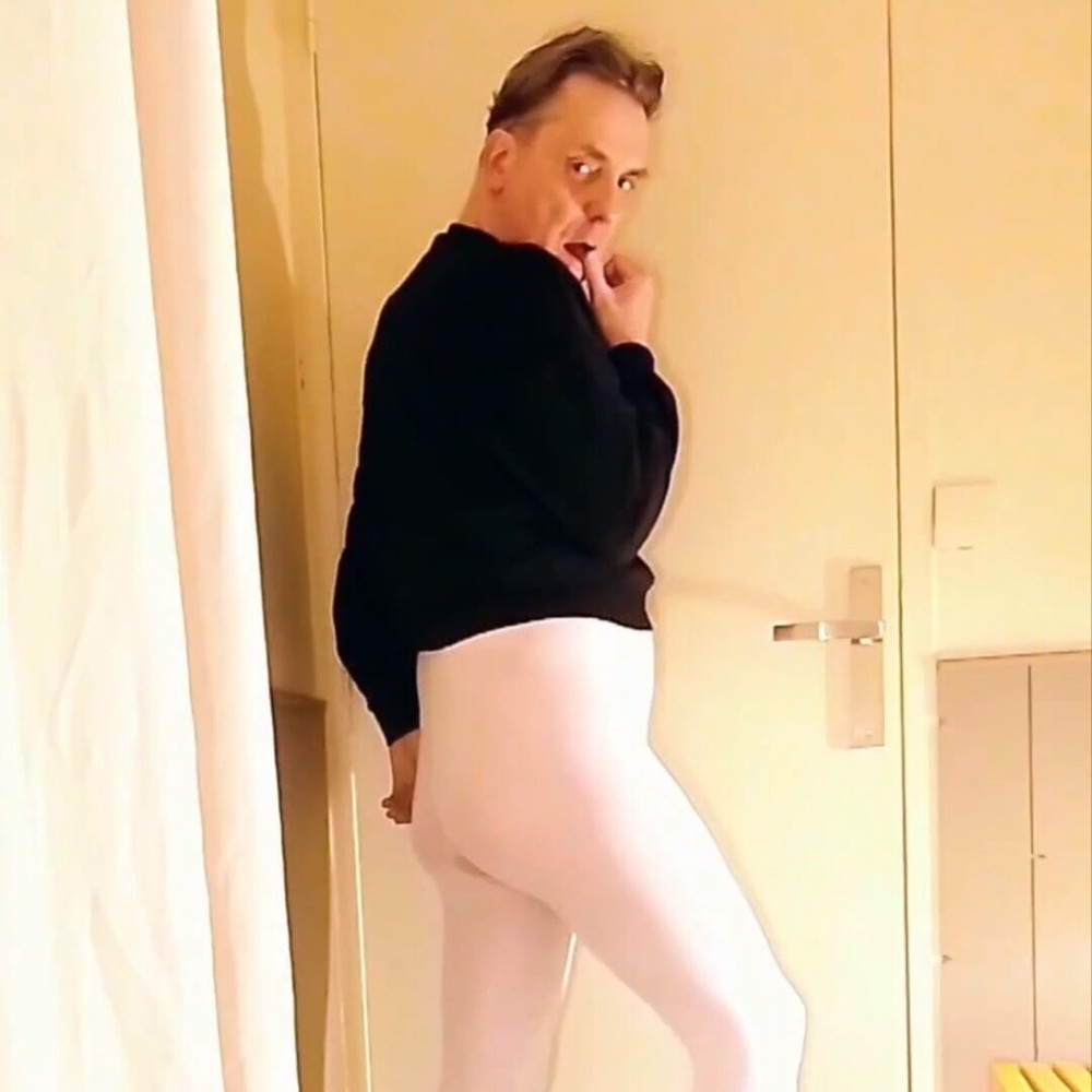 Cock stroking and anal play in white open pantyhose #12