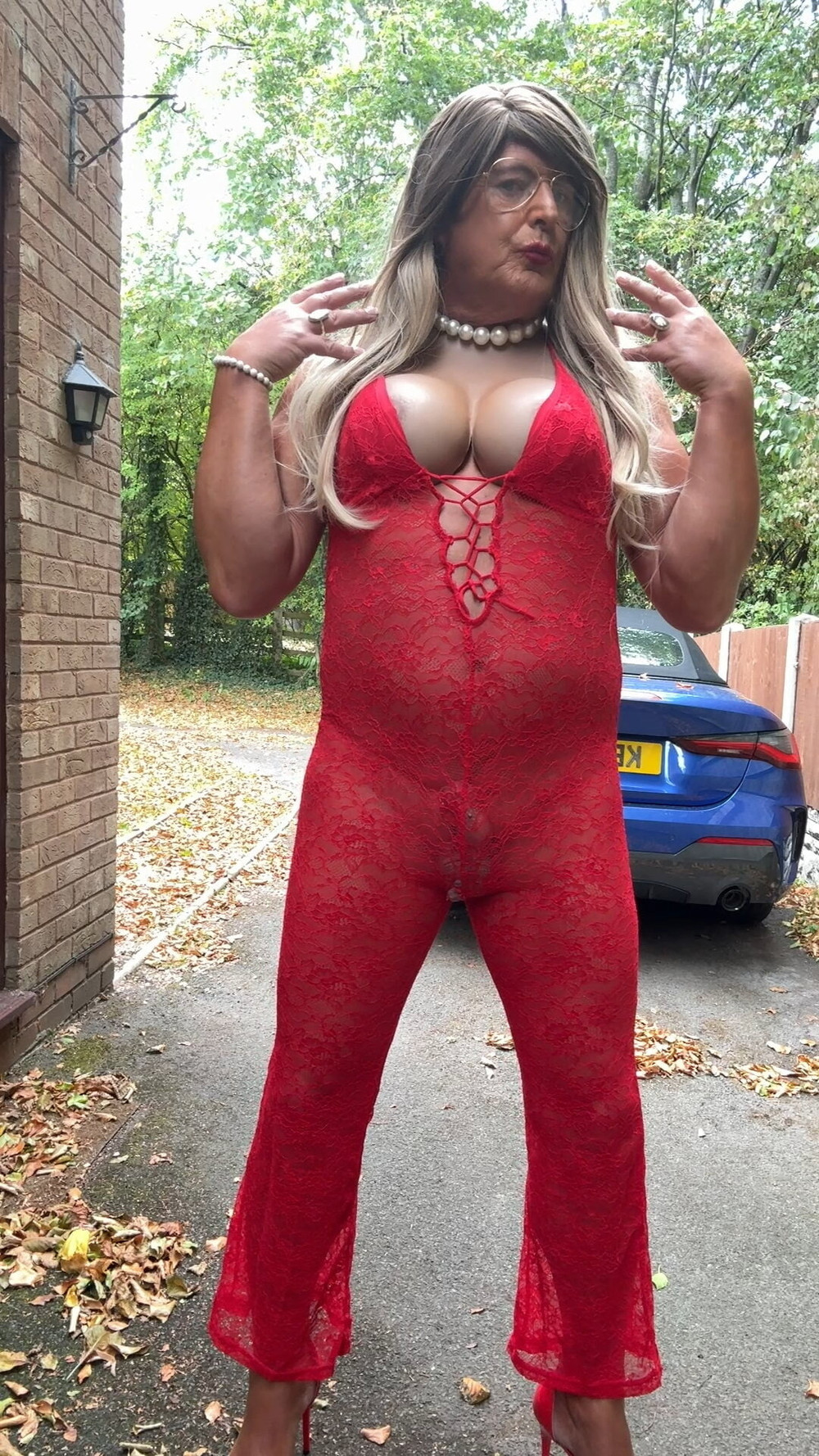Sexy Crossdresser kellycd2022 in red lace jumpsuit and heels #15