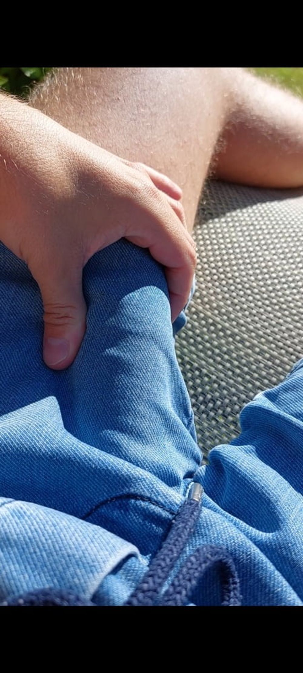 Massaging big cock bulge through pants outside #4