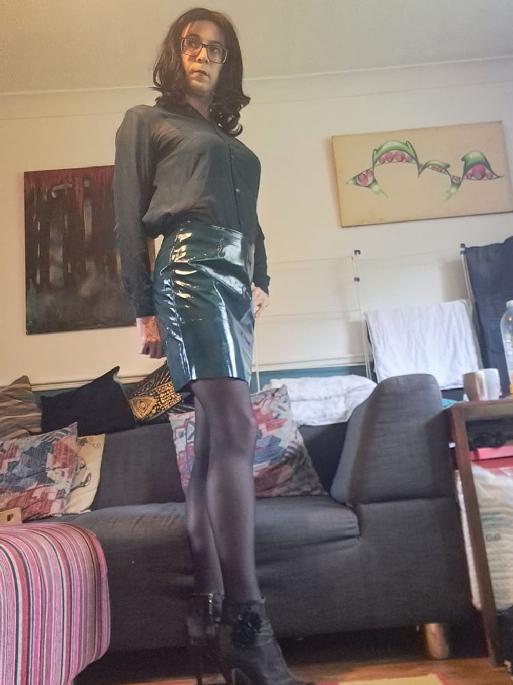 Danni in a latex skirt, sexy lingerie and seamless pantyhose #2