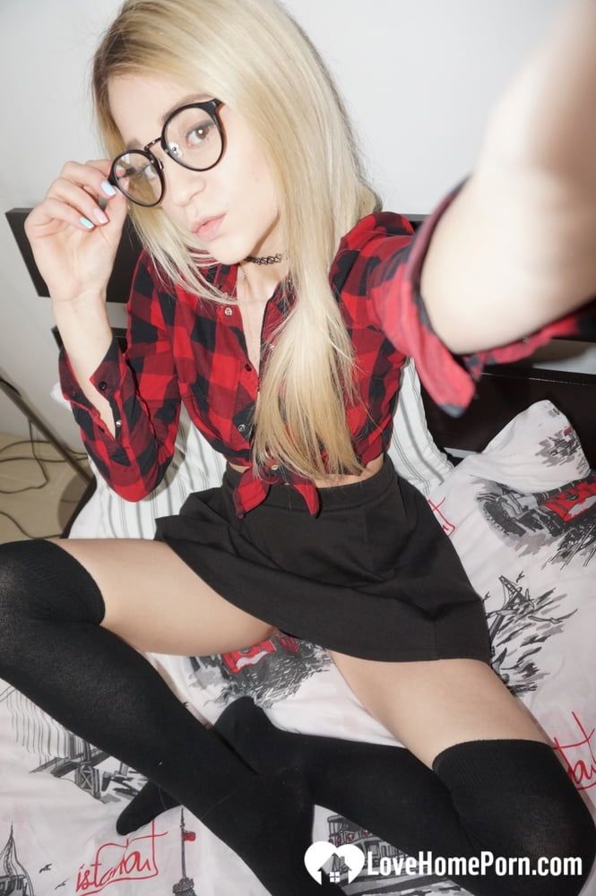 Naughty nerdy schoolgirl strips off her uniform #2