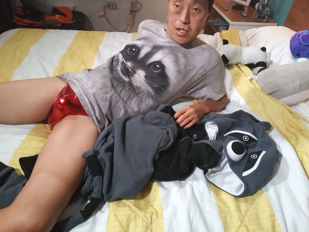 Hot asian boy wearing furry onesies and shiny undies #8