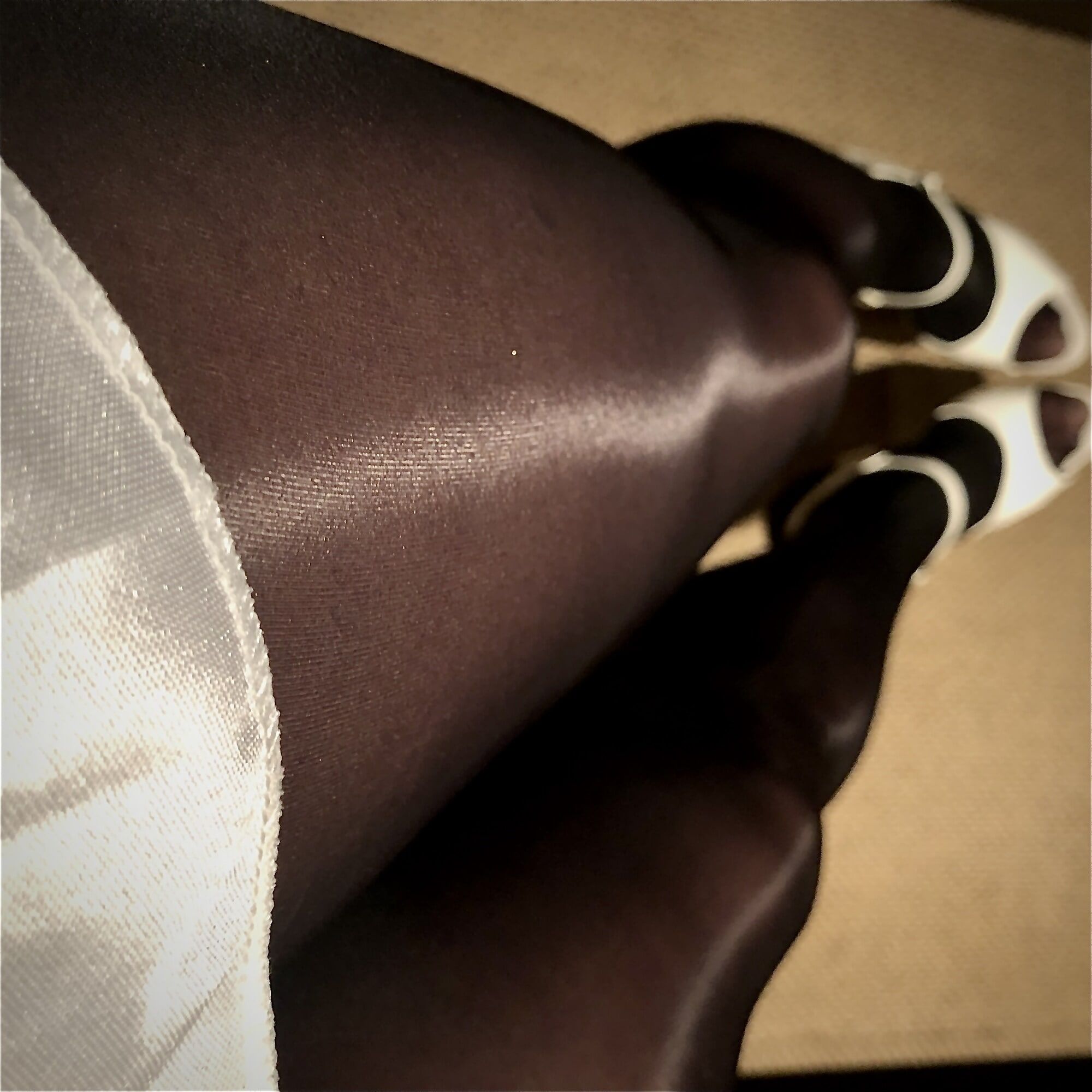 My shiny sheer glossy black pantyhose and white super heels #4
