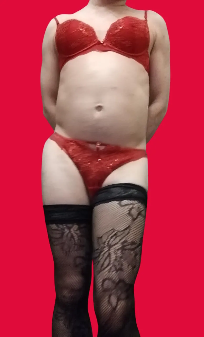 Crossdresser posing in red sexy lingerie with chooks #3