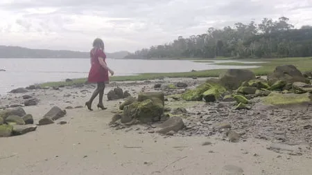 crossdess road trip red dress follow the river         