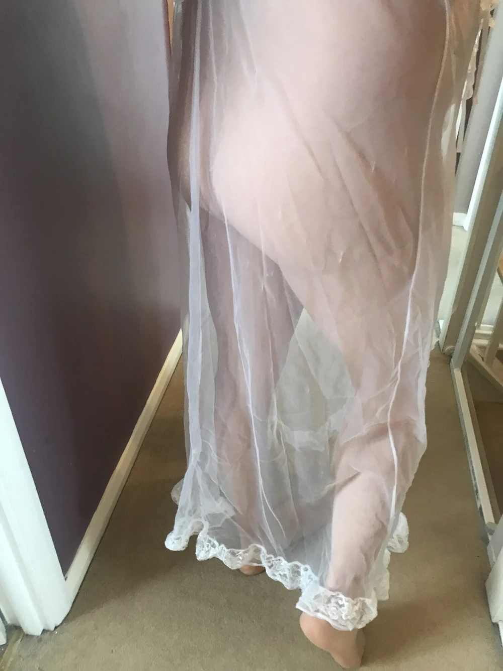 sissy wearing her white nighty and tan pantyhose #5