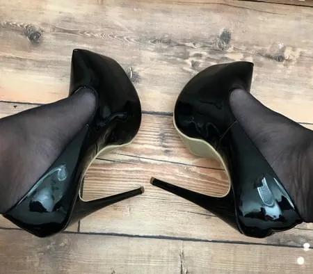 black tights heels close up         