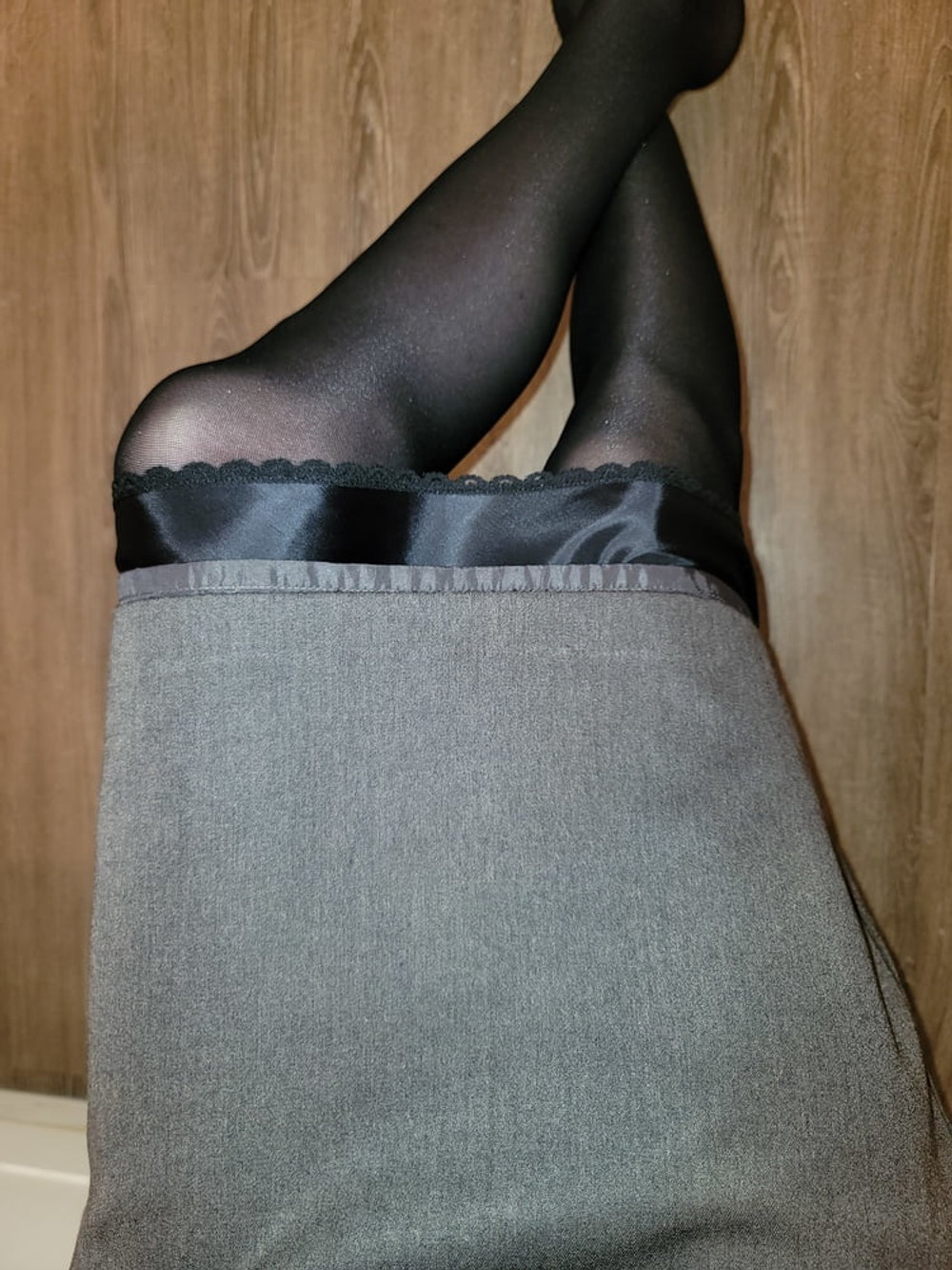 Grey Pencil Skirt with black silky half slip #13