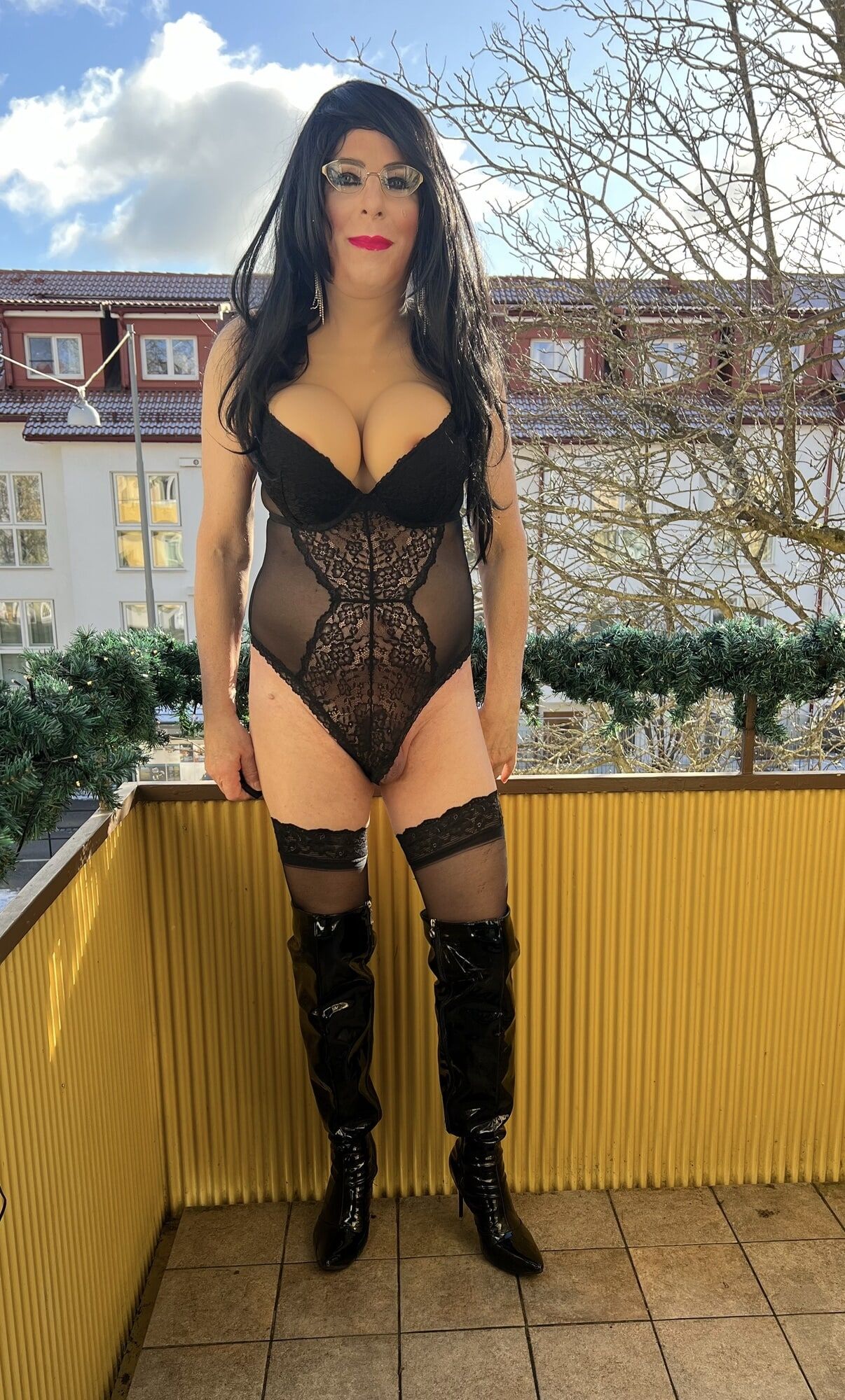 Busty sissy on the balcony #12